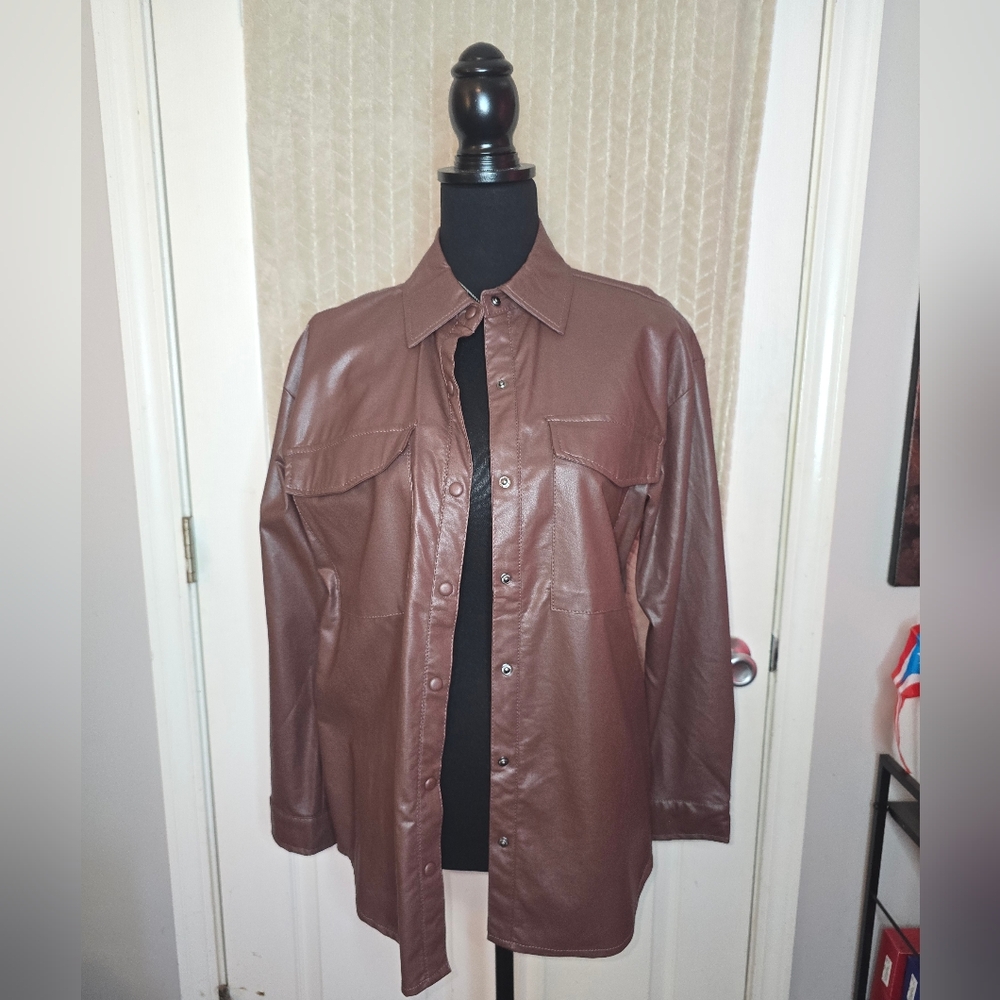No Comment Brown Leather Jacket with Standing Collar and Zipper